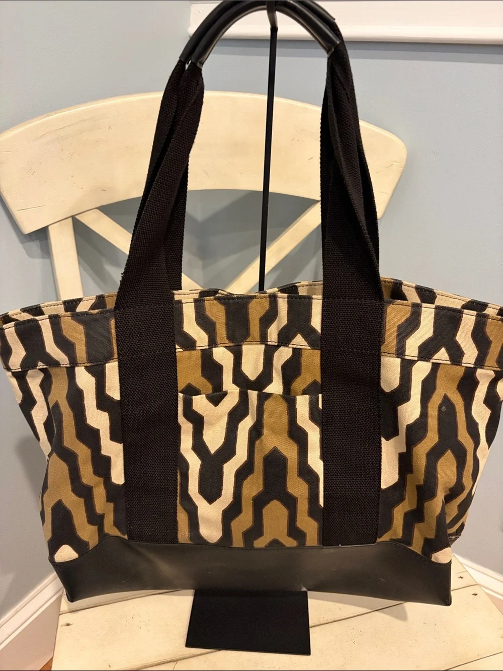 Tory Burch Ella Tote Canvas Bag in Black, Brown & Cream